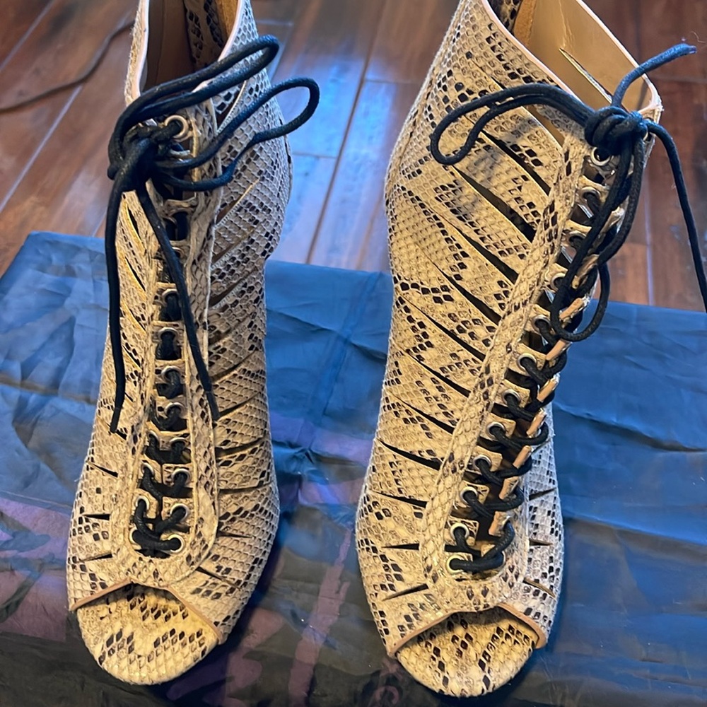 Anne Michelle Snake Print Open Toe Heels